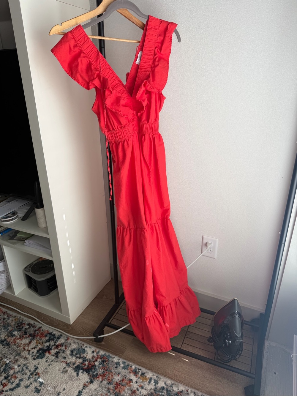 Japna Women’s Red Cotton Ruffle Maxi Dress Boho Tiered Sleeveless V-Neck Size